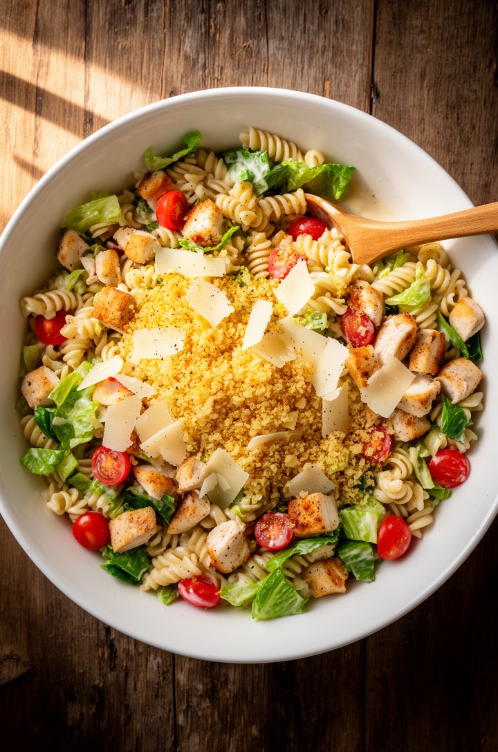 Overhead shot of a large white ceramic serving bowl filled with chicken caesar pasta salad — rotini spirals coated in creamy dressing, chunks of golden-brown seared chicken, bright green chopped romai