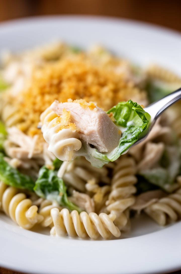 Close-up macro shot of a single serving of chicken caesar pasta salad on a white plate, fork lifting a bite showing rotini spiral coated in creamy dressing with a piece of chicken and a romaine leaf c
