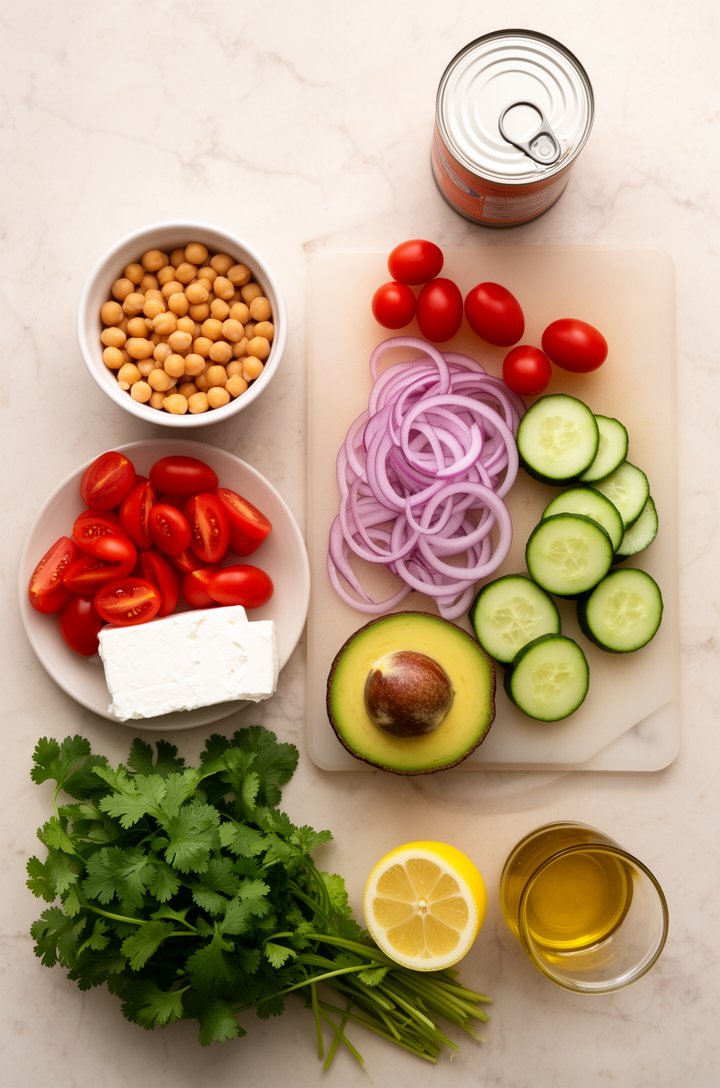 Overhead flat-lay of chickpea salad ingredients arranged on a light marble countertop — an open can of drained chickpeas in a small white bowl, halved bright red cherry tomatoes on a cutting board, sl