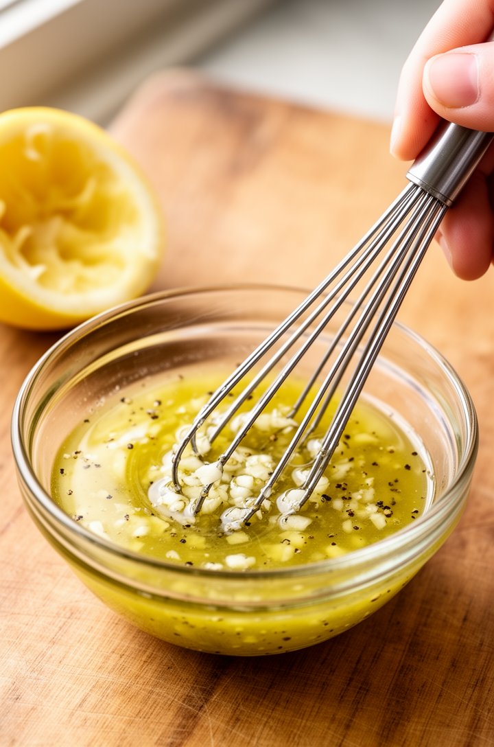 Close-up 45-degree angle of a hand whisking lemon-garlic dressing in a small clear glass bowl, golden olive oil and pale lemon juice swirling together with visible flecks of minced garlic and cracked 