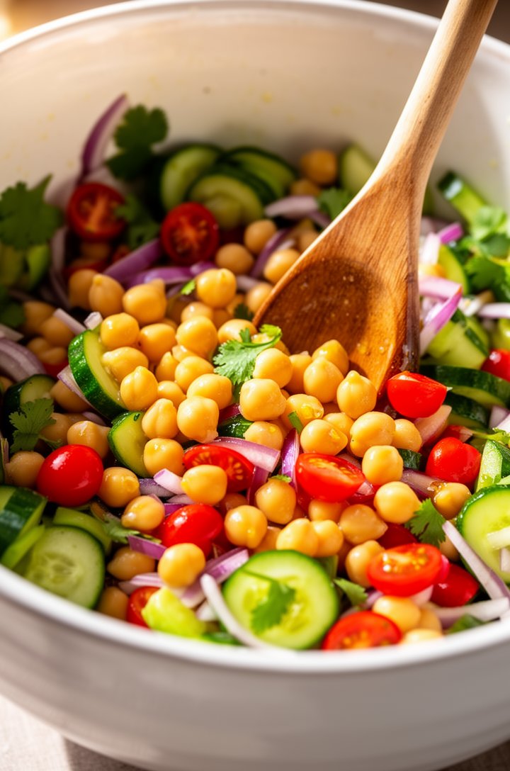 Extreme close-up macro shot looking into a large white ceramic salad bowl as golden chickpeas, bright red halved cherry tomatoes, green cucumber half-moons, and purple red onion slices are being tosse