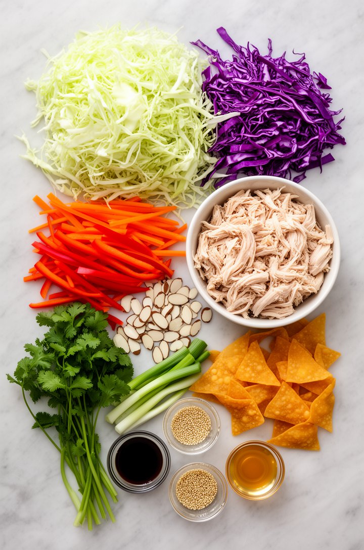 Overhead flat-lay of Chinese chicken salad ingredients arranged on a light marble surface — a mound of finely shredded pale green napa cabbage, a pile of vivid purple shredded red cabbage, julienned o