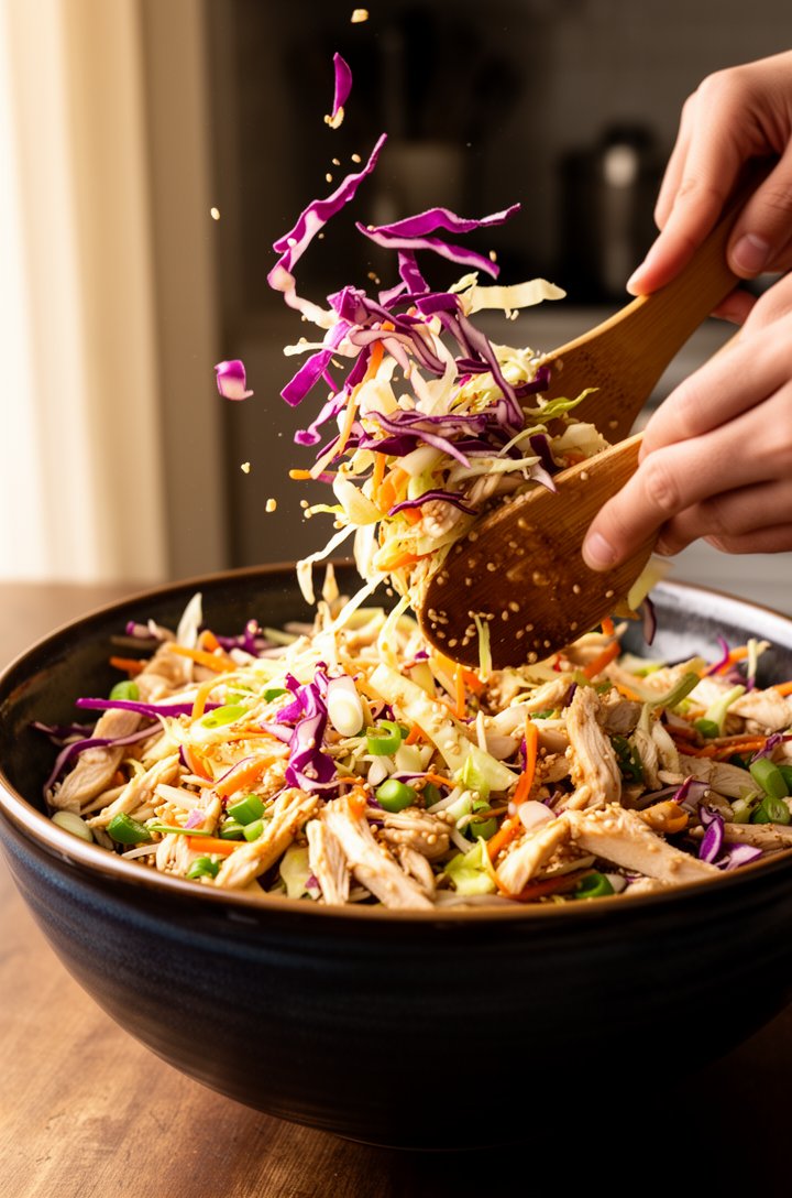 Close-up action shot of hands tossing Chinese chicken salad in a large dark ceramic bowl with wooden tongs, shredded napa and red cabbage flying up slightly, carrots and green onions visible, sesame g