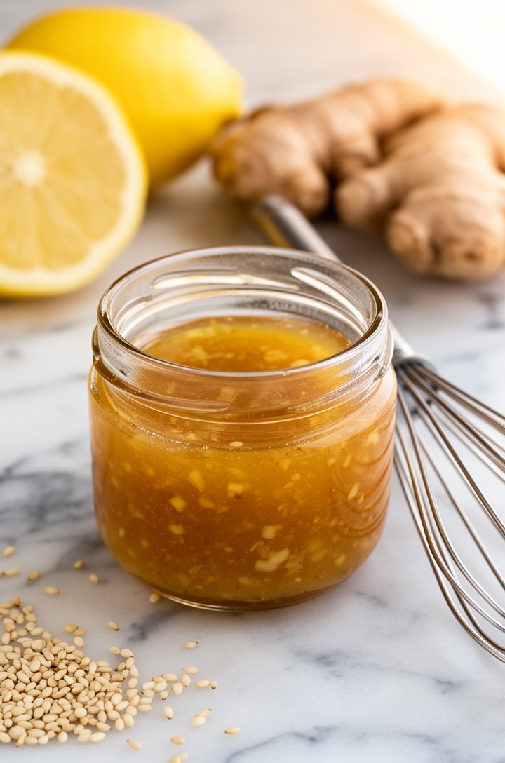 Tight close-up of a small glass jar of golden sesame ginger dressing with a whisk resting beside it, tiny flecks of minced ginger and garlic visible in the amber-colored liquid, sesame seeds scattered