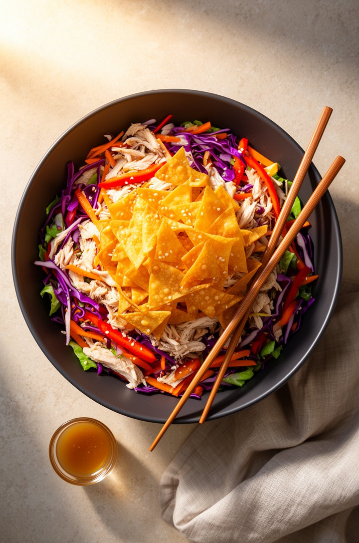 Overhead shot looking directly down into a large dark matte bowl filled with finished Chinese chicken salad, vibrant mix of purple and green cabbage, shredded chicken, bright orange carrots, red bell 