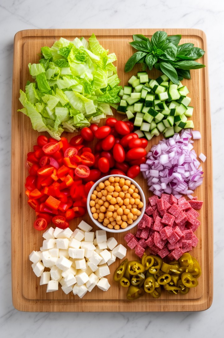 Overhead flat-lay of chopped salad ingredients arranged in neat groups on a large wooden cutting board — diced romaine lettuce, quartered cherry tomatoes, diced cucumber, diced red bell pepper, diced 