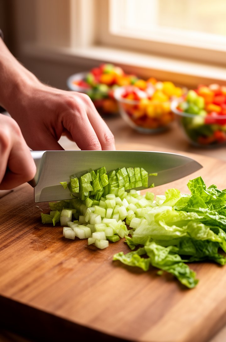 Close-up 30-degree angle shot of a sharp chef's knife mid-chop on a wooden cutting board, romaine lettuce being cut into small uniform ½-inch pieces, already-chopped lettuce scattered to the side, han