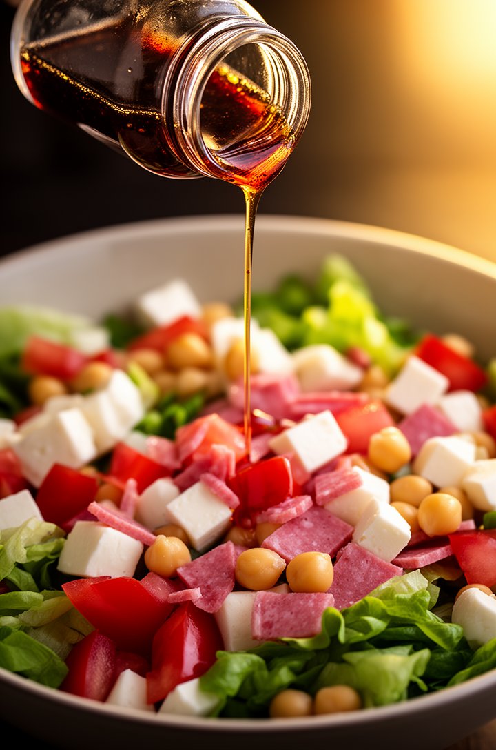 Close-up overhead shot of a small glass jar with red wine vinaigrette being poured over a large bowl of colorful chopped salad, the dressing streaming down in a thin golden-red ribbon, salad below sho