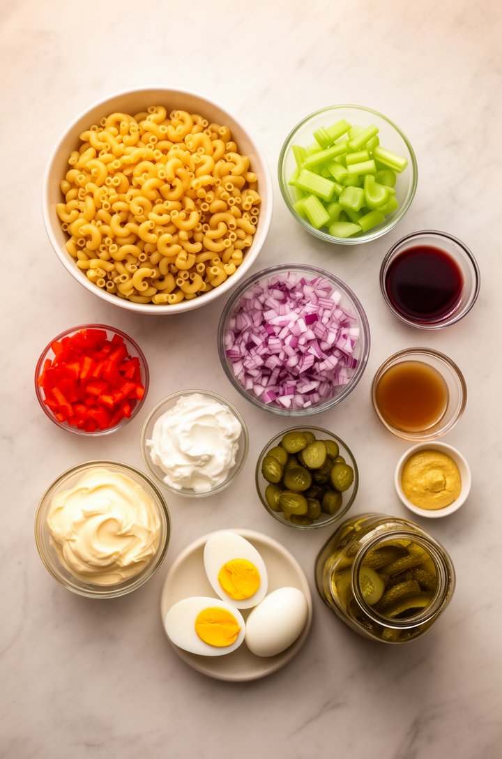Overhead flat-lay of macaroni salad ingredients arranged on a light marble countertop — a bowl of dry elbow macaroni, small glass bowls of finely diced red bell pepper, red onion, sliced celery, chopp