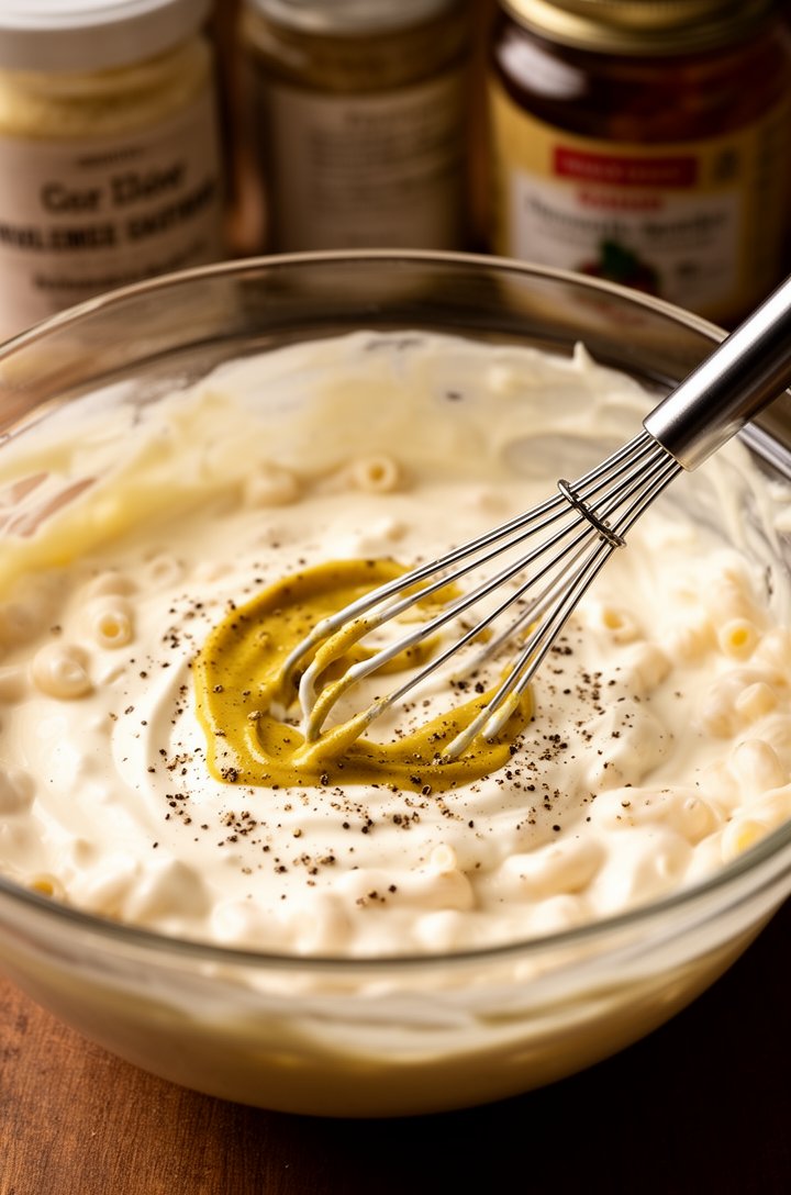 Close-up 45-degree angle of a medium glass bowl with creamy macaroni salad dressing being whisked together — glossy pale mixture of mayonnaise and sour cream with visible specks of black pepper and a 