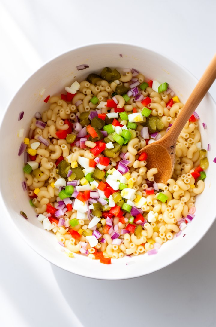 Overhead shot of cooked elbow macaroni being tossed in a large white ceramic bowl with diced red bell pepper, purple-red onion, green celery, chopped sweet pickles, and diced hard boiled egg, a wooden