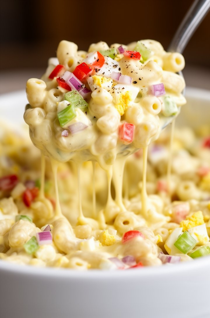 Extreme close-up macro shot of a large spoonful of creamy macaroni salad being lifted from a white serving bowl, elbow macaroni coated in glossy pale yellow dressing with visible bits of diced red pep