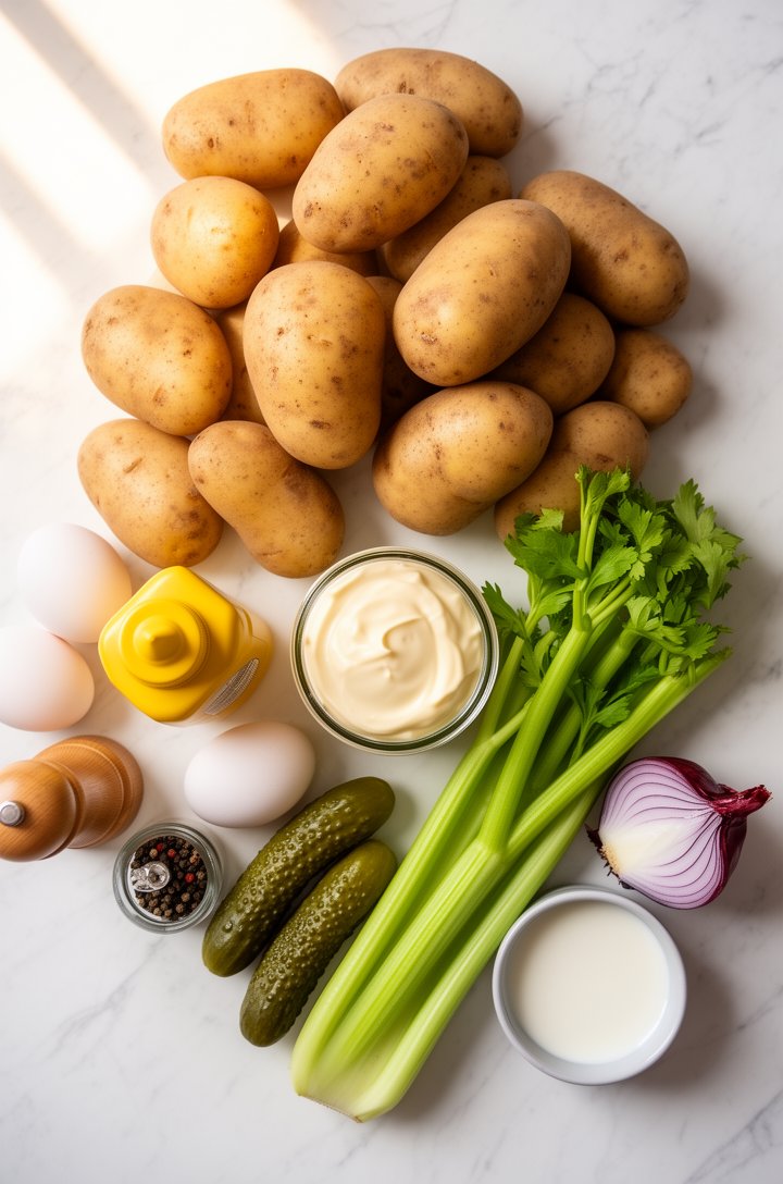 Overhead flat-lay of potato salad ingredients arranged on a white marble countertop — a pile of whole Yukon Gold potatoes, four eggs, a jar of mayonnaise, yellow mustard bottle, two whole dill pickles