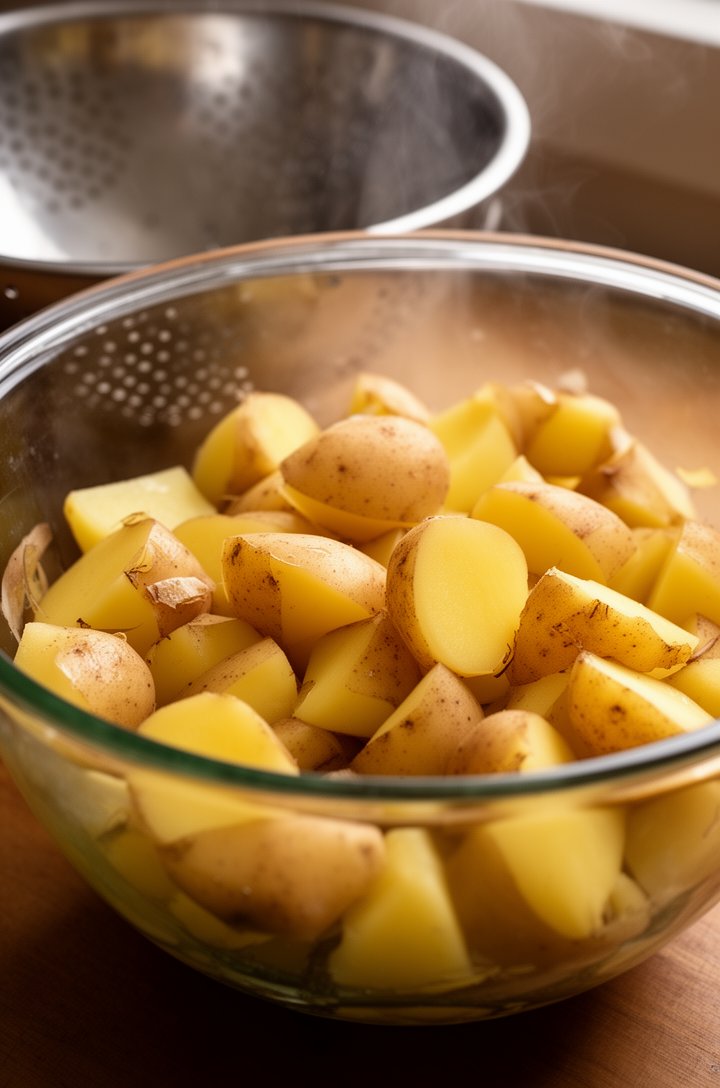 Close-up 45-degree angle of warm chunky Yukon Gold potato pieces in a large glass mixing bowl, steam still faintly visible, potatoes golden-skinned and cut into rough 3/4-inch chunks, some with thin s
