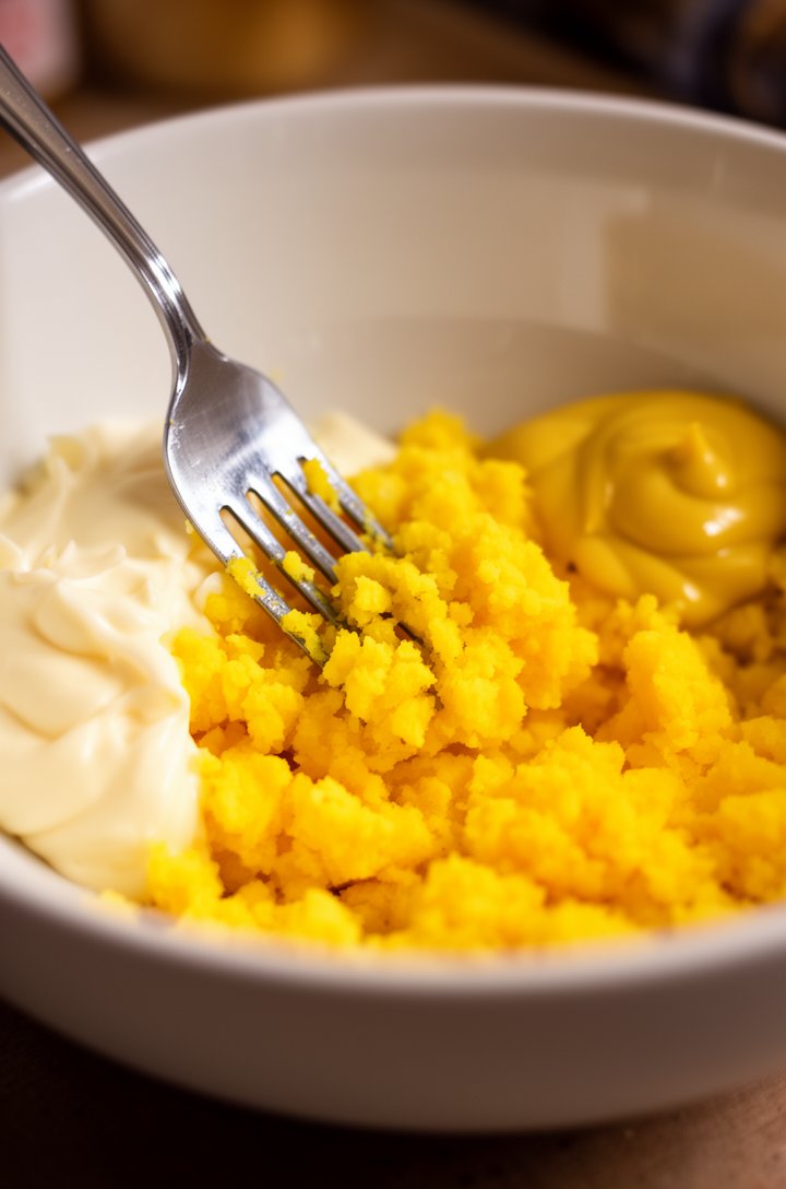 Close-up of a fork mashing bright yellow hard-boiled egg yolks in a medium white bowl, mayonnaise and yellow mustard visible to the side waiting to be mixed in, the yolks are crumbly and golden, warm 