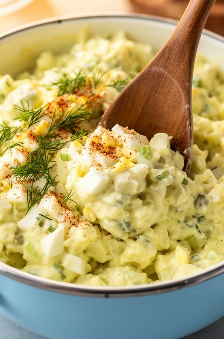 Extreme close-up macro shot of finished classic creamy potato salad being scooped with a large wooden spoon from a light blue enamel bowl, creamy pale yellow dressing coating chunky potato pieces, vis
