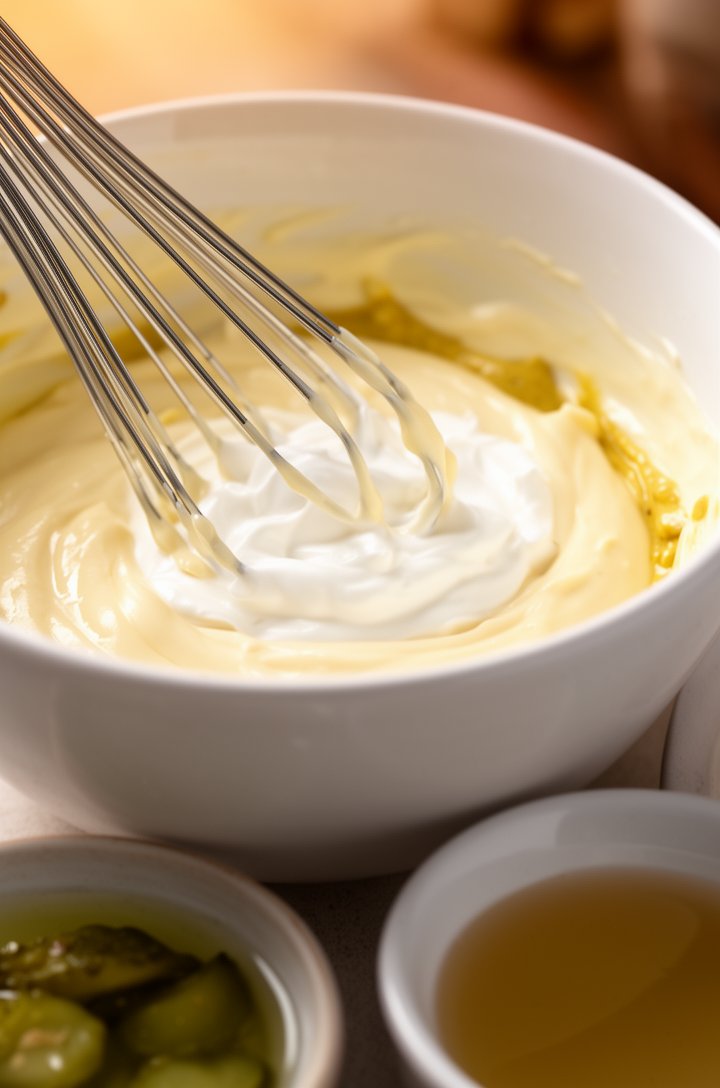 Close-up 45-degree angle shot of creamy dressing being whisked together in a white ceramic bowl — glossy mayonnaise, sour cream, and mustard blending into a smooth pale yellow mixture, a silver whisk 