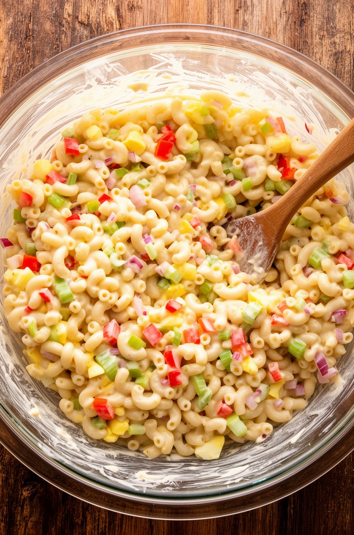 Overhead shot looking directly into a large glass mixing bowl of freshly tossed macaroni salad — creamy dressing coating every elbow noodle, visible flecks of bright red bell pepper, green celery, pal