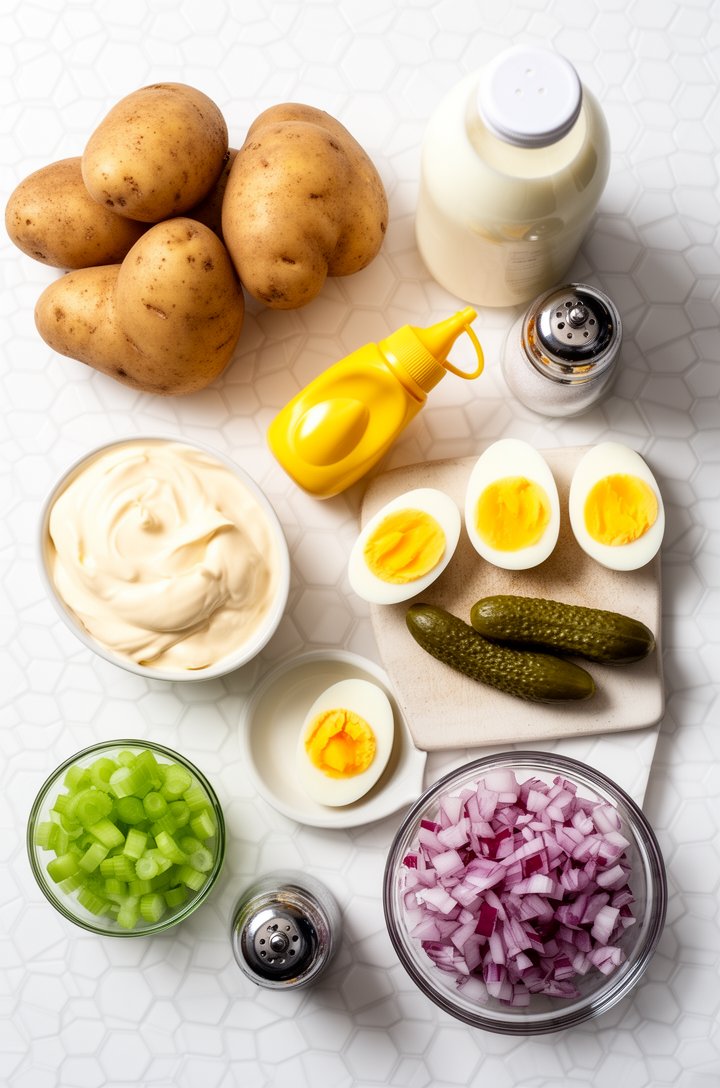 Overhead flat-lay of potato salad ingredients arranged on a white hexagonal tile surface — whole Yukon Gold potatoes, a small bowl of mayonnaise, yellow mustard in a squeeze bottle, four halved hard-b