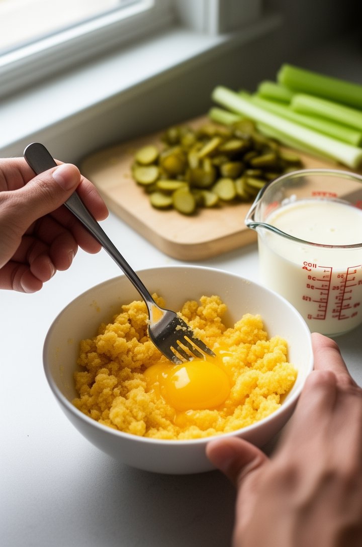 Close-up 45-degree angle of hands mashing bright yellow egg yolks with a fork in a small white bowl, crumbly golden yolk texture visible, a measuring cup of mayo and a splash of buttermilk waiting bes