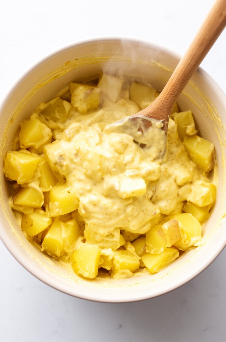 Overhead shot of warm chunky Yukon Gold potato pieces in a large mixing bowl being folded with creamy pale yellow dressing using a wooden spoon, the dressing visibly coating each golden potato chunk, 