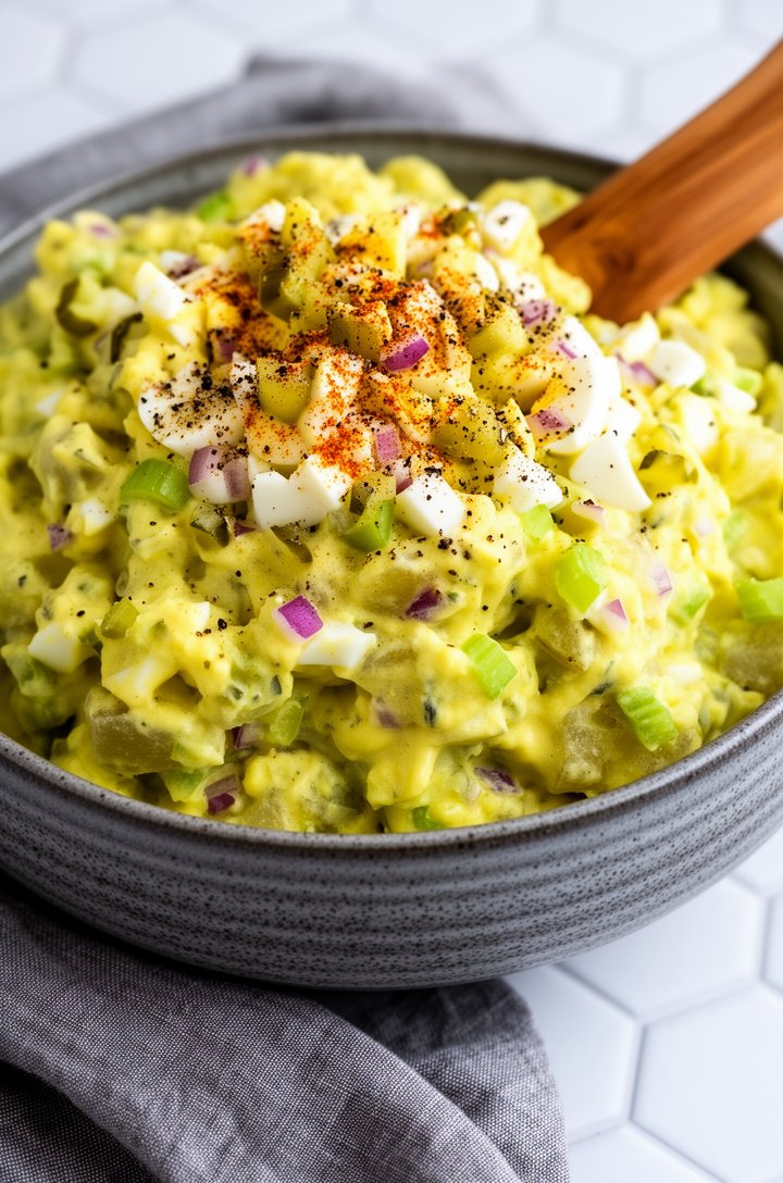 Extreme close-up macro shot of finished classic potato salad mounded high in a gray speckled stoneware bowl, creamy mustard-yellow dressing coating chunky potato pieces, visible diced green celery, ch