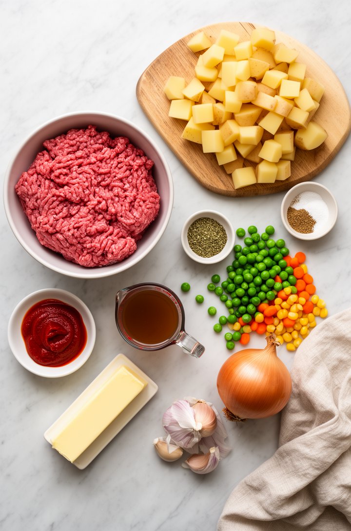 Overhead flat-lay of shepherd's pie ingredients arranged on a marble countertop — a bowl of raw ground beef, cubed russet potatoes on a wooden cutting board, small pinch bowls of dried herbs and spice