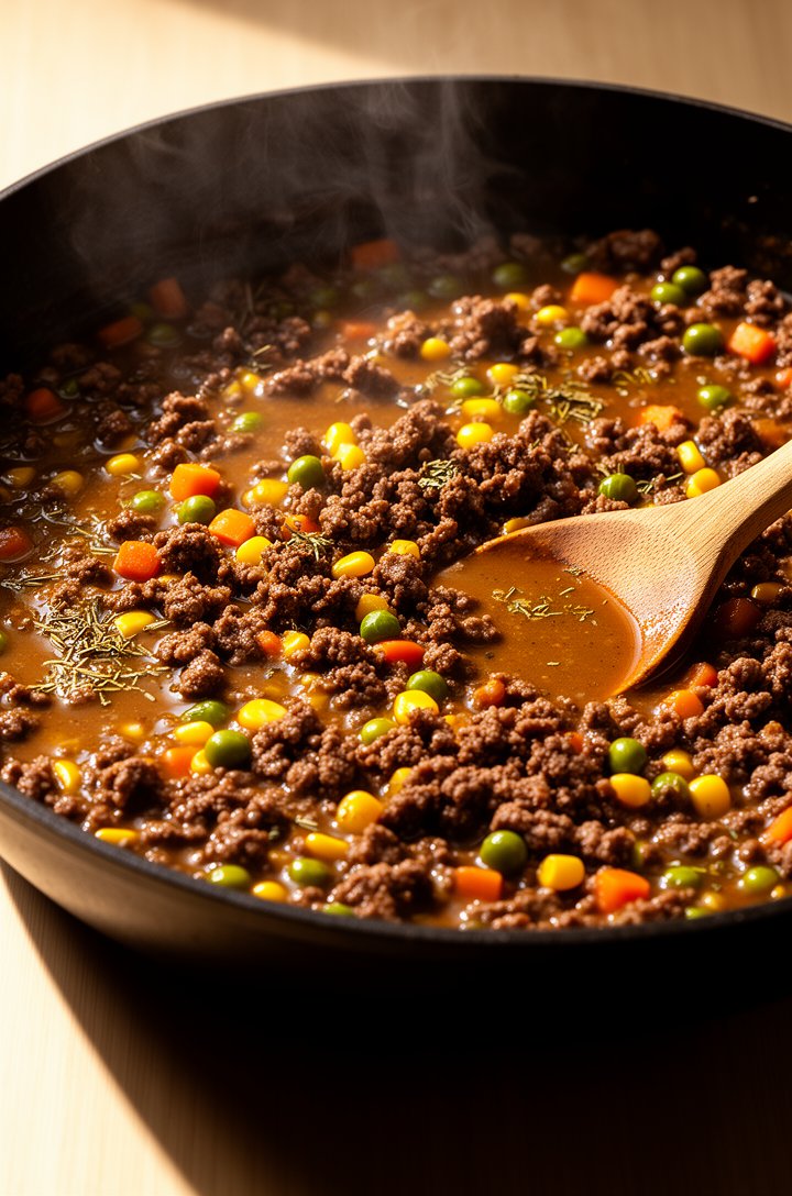 Close-up 30-degree angle shot of a large skillet with deeply browned ground beef filling, visible peas, carrots, and corn mixed into a thick glossy gravy, a wooden spoon resting in the pan, steam risi
