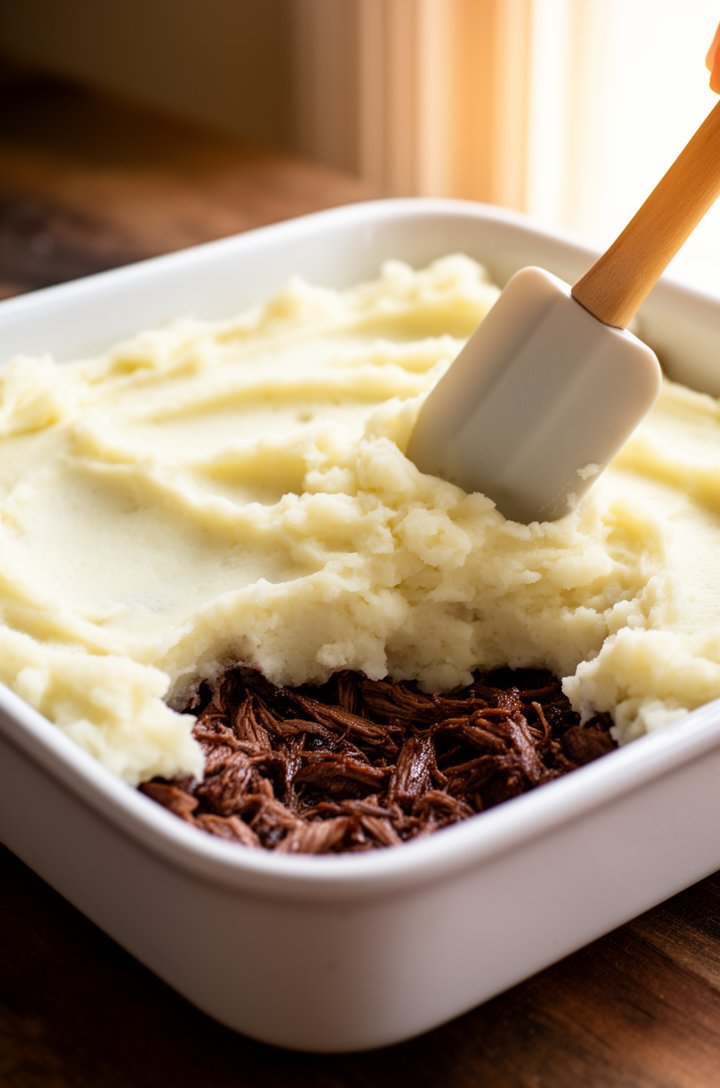 Action shot of creamy mashed potatoes being spooned over the dark meat filling in a white ceramic 9x9 baking dish, the contrast between the white potato layer and the rich brown filling visible where 