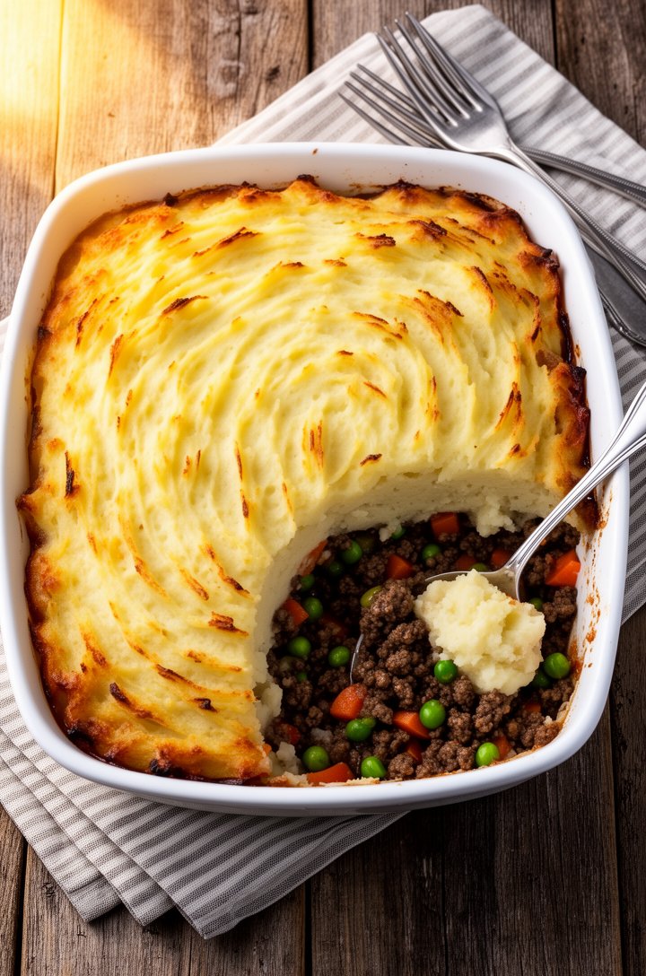 Overhead beauty shot of the fully baked shepherd's pie in a white ceramic baking dish, the mashed potato topping golden brown with crispy fork-dragged peaks, filling bubbling visibly at the edges of t