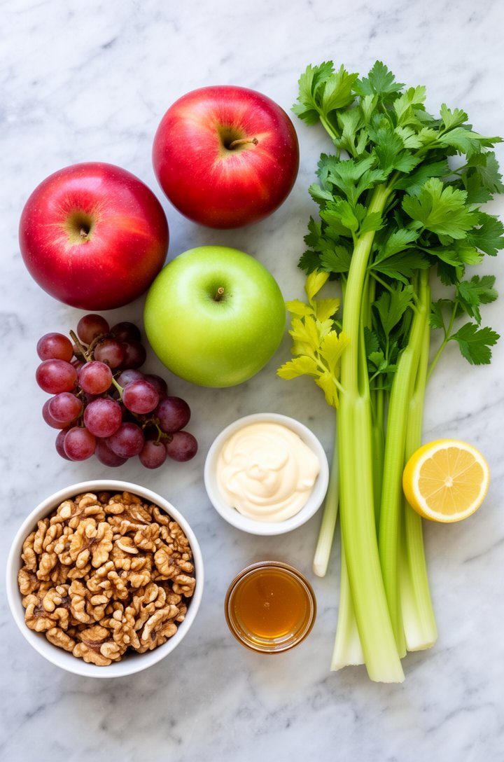 Overhead flat-lay of waldorf salad ingredients arranged on a cool marble surface, two whole apples (one red Fuji, one green Granny Smith), a small cluster of red grapes, three celery stalks with leave