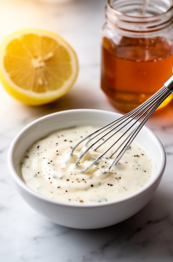 Close-up 45-degree angle of a small white bowl containing creamy waldorf salad dressing being whisked with a small fork, mayonnaise smoothly blended with visible flecks of black pepper, a squeezed lem