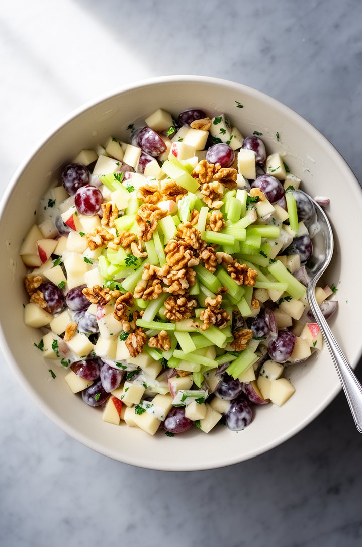 Overhead shot looking directly down into a large off-white ceramic bowl of freshly tossed waldorf salad, diced cream-colored apple pieces and halved deep-red grapes visible throughout, golden toasted 