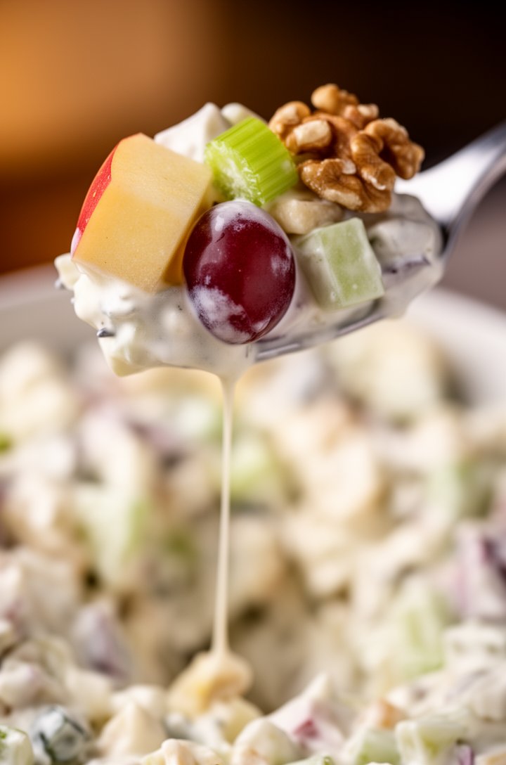 Extreme close-up macro shot of a single generous forkful of waldorf salad being lifted from the bowl, a diced apple cube, half a red grape, a walnut piece, and a celery slice all visible and coated in