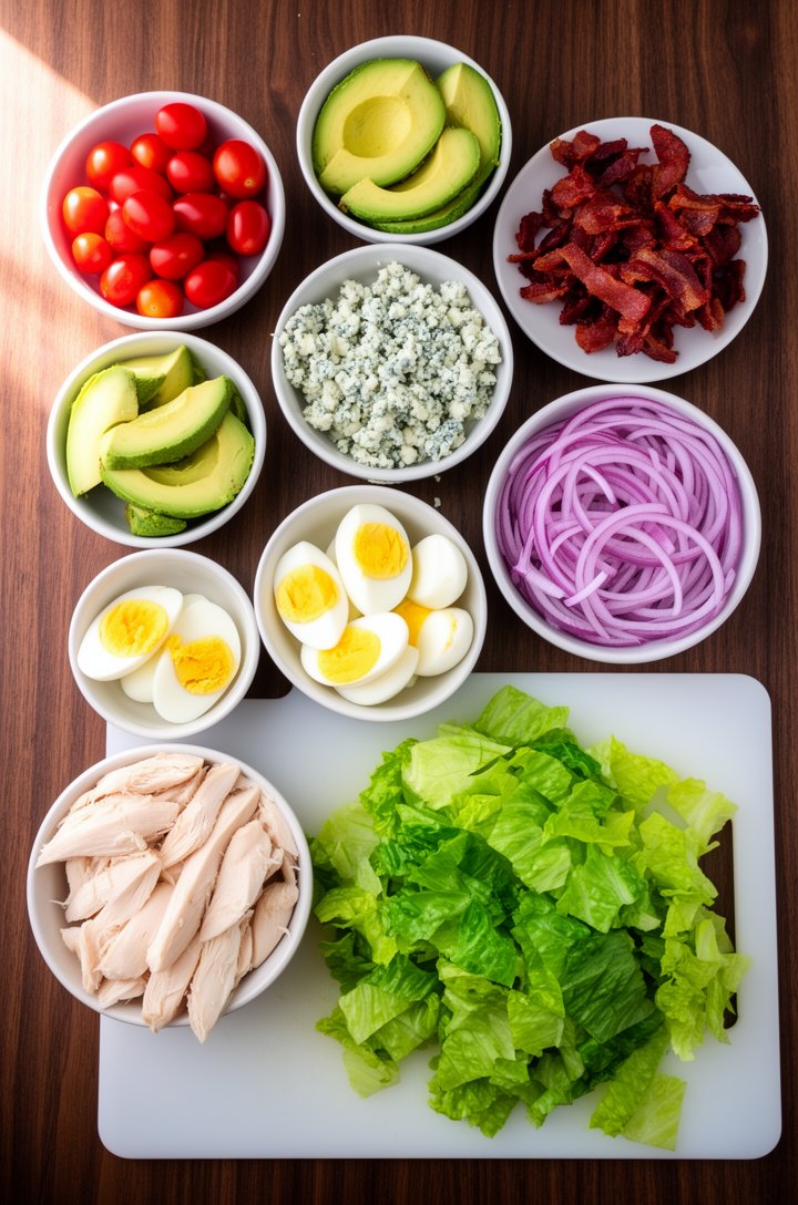 Overhead flat-lay of all cobb salad ingredients arranged in small prep bowls on a dark walnut wood surface — a bowl of halved bright red cherry tomatoes, a bowl of sliced creamy avocado, a bowl of cru