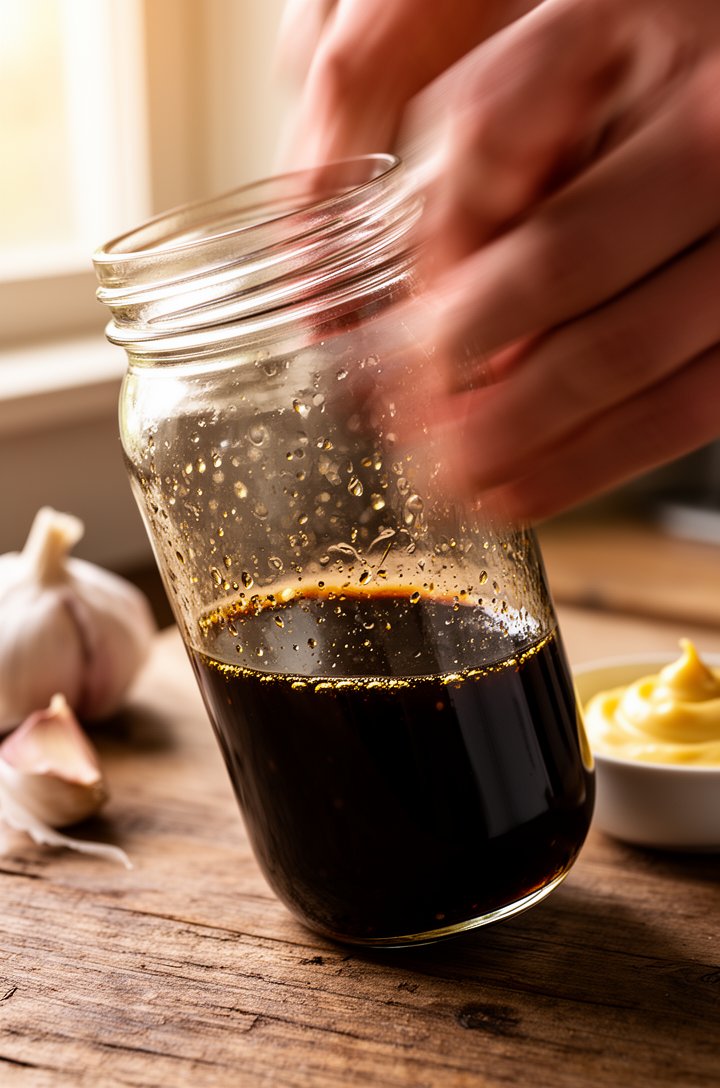 Close-up 30-degree angle of a mason jar being shaken vigorously with dark glossy balsamic vinaigrette inside, droplets of emulsified dressing visible on the glass walls, a garlic clove and small bowl 