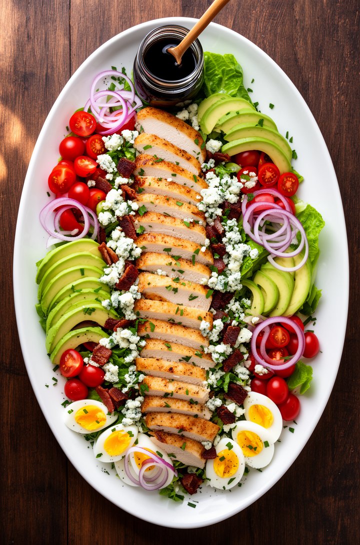 Extreme close-up overhead shot looking directly down at a fully assembled cobb salad on a large white oval platter, crisp green romaine visible beneath neat diagonal rows of golden-brown sliced chicke