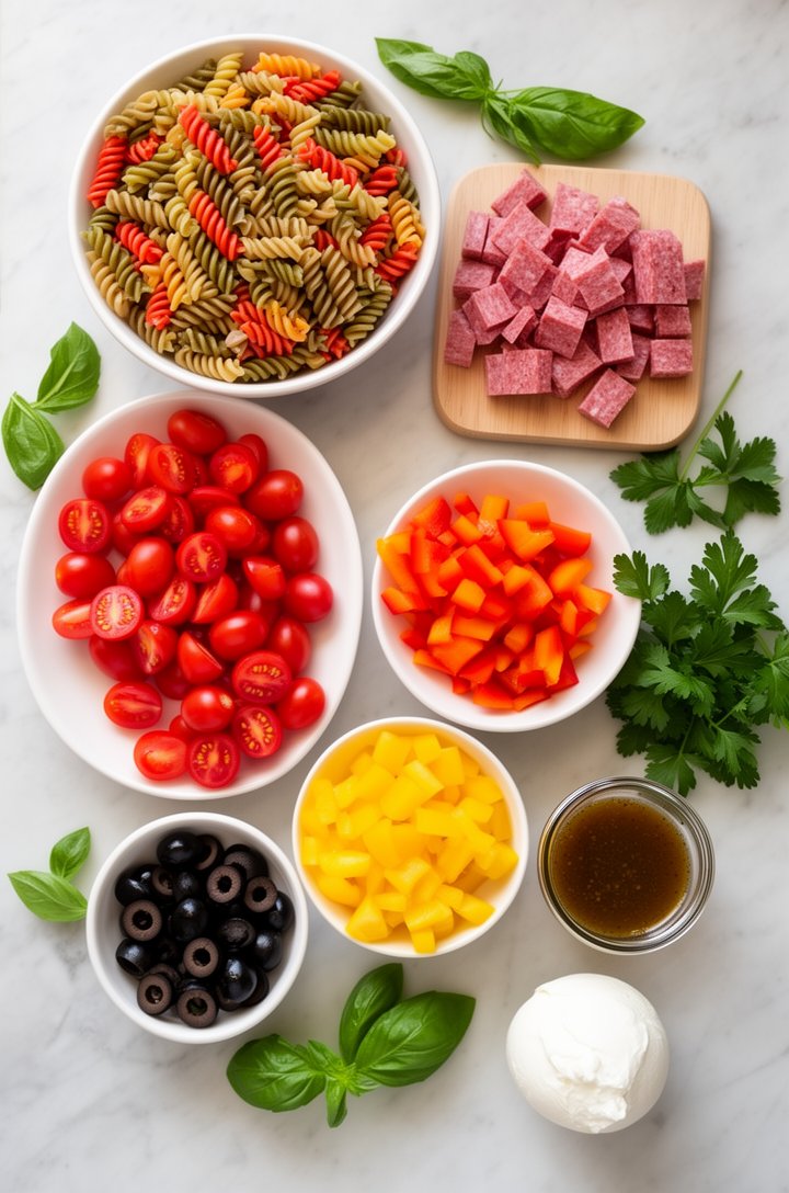 Overhead flat-lay of cold pasta salad ingredients arranged on a light marble surface before assembly — a bowl of uncooked tricolor rotini, a small cutting board with cubed salami, a dish of halved gra