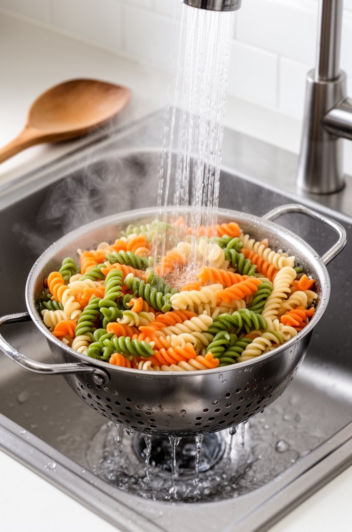 Action shot from a 45-degree angle of cooked tricolor rotini being rinsed under cold running water in a stainless steel colander in a kitchen sink, water streaming over the colorful pasta spirals in g