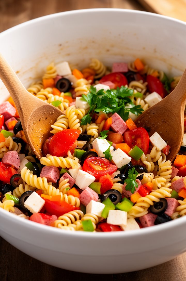 Close-up 30-degree angle of a large white mixing bowl filled with cold pasta salad being tossed with two wooden serving spoons, the colorful mixture showing glossy vinaigrette-coated rotini spirals in