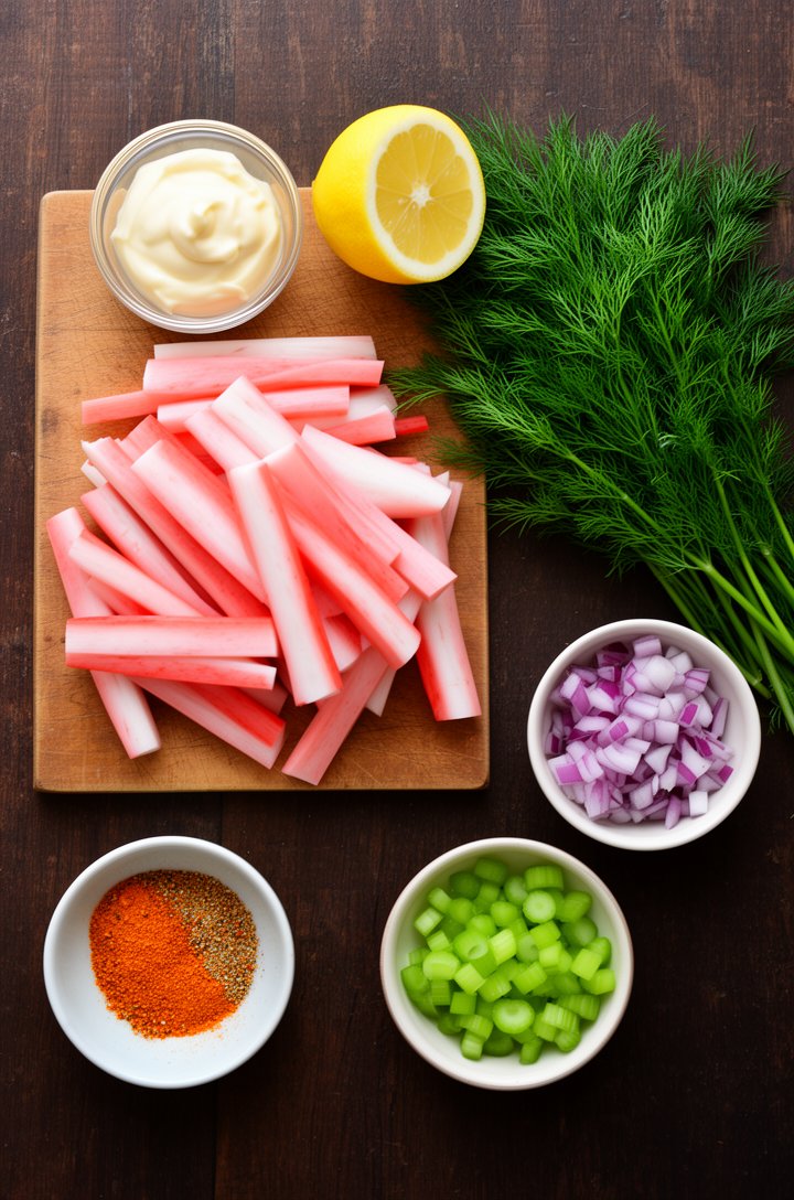 Overhead flat-lay of crab salad ingredients arranged on a dark wooden surface — a pile of pink-and-white imitation crab sticks on a cutting board, a small glass bowl of mayonnaise, a halved lemon, a b