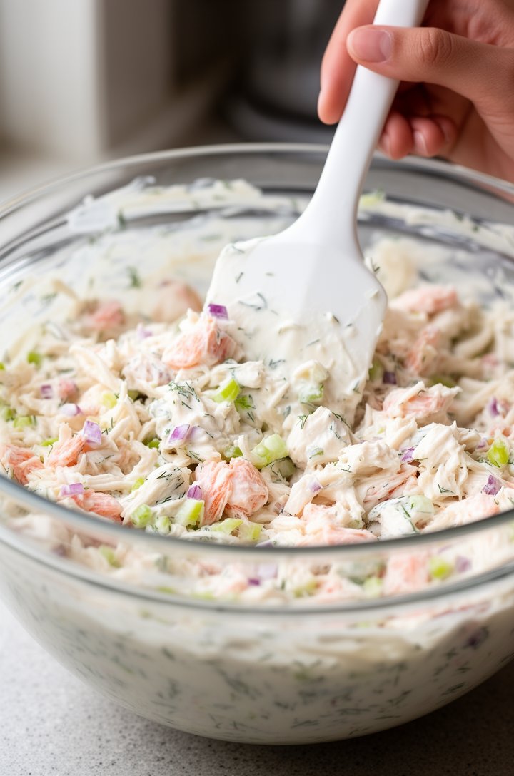 Close-up 45-degree angle of hands gently folding creamy crab salad in a large glass mixing bowl with a white spatula, chunks of pink-and-white crab visible through glossy mayo dressing, green flecks o