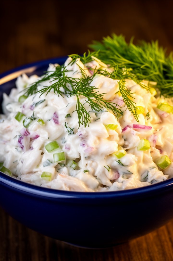 Extreme close-up macro shot of crab salad mounded generously in a deep navy blue ceramic bowl, individual pieces of crab meat glistening with creamy dressing, bright green chopped dill scattered acros