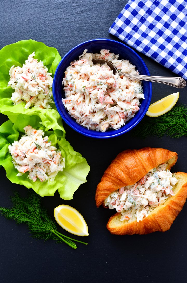 Overhead beauty shot of finished crab salad served three ways on a dark slate surface — a blue bowl of crab salad in the center with a silver serving spoon, two butter lettuce cups filled with crab sa