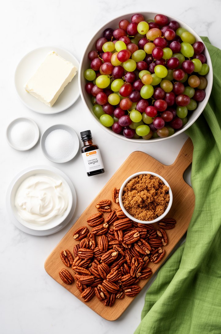 Overhead flat-lay of grape salad ingredients arranged on a white marble countertop — a block of cream cheese on a small plate, a bowl of sour cream, a small dish of granulated sugar, a bottle of vanil