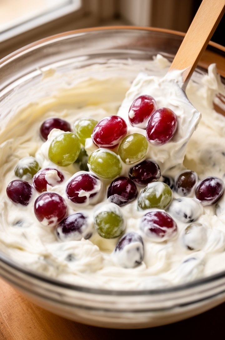 Close-up 45-degree angle of a spatula folding plump red and green grapes into thick white cream cheese dressing in a large glass mixing bowl, some grapes fully coated and glossy, others just being inc