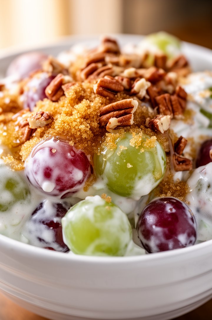 Extreme close-up macro shot of finished grape salad in a white ceramic bowl, camera at slight angle showing creamy dressing coating individual red and green grapes, golden-brown sugar crumbles and cho