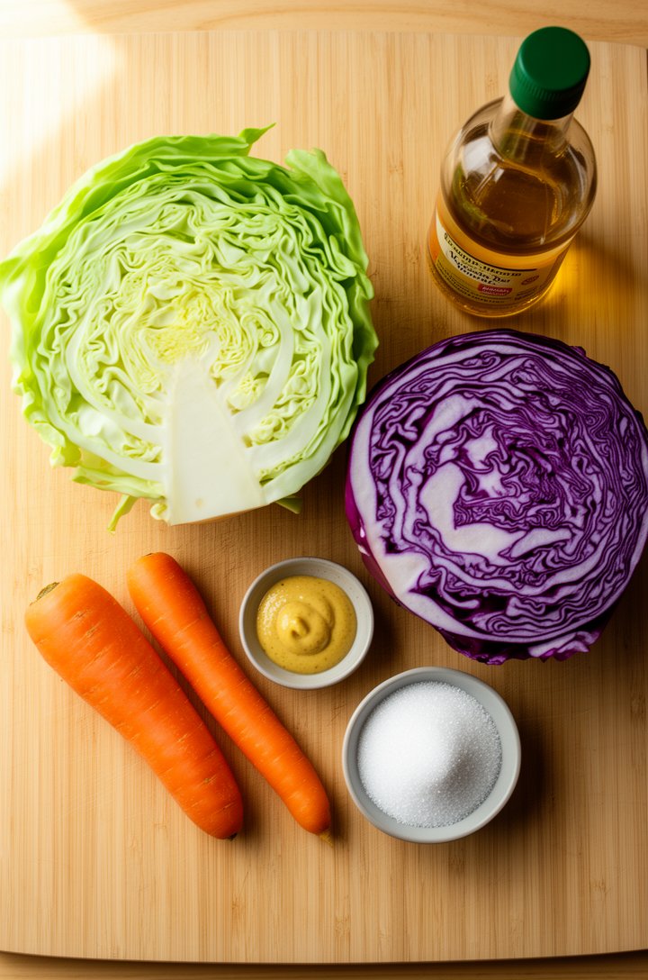 Overhead flat-lay of cabbage salad ingredients on a light wood cutting board — half a green cabbage and a quarter red cabbage with their vibrant cross-sections facing up, two whole carrots, a small ja