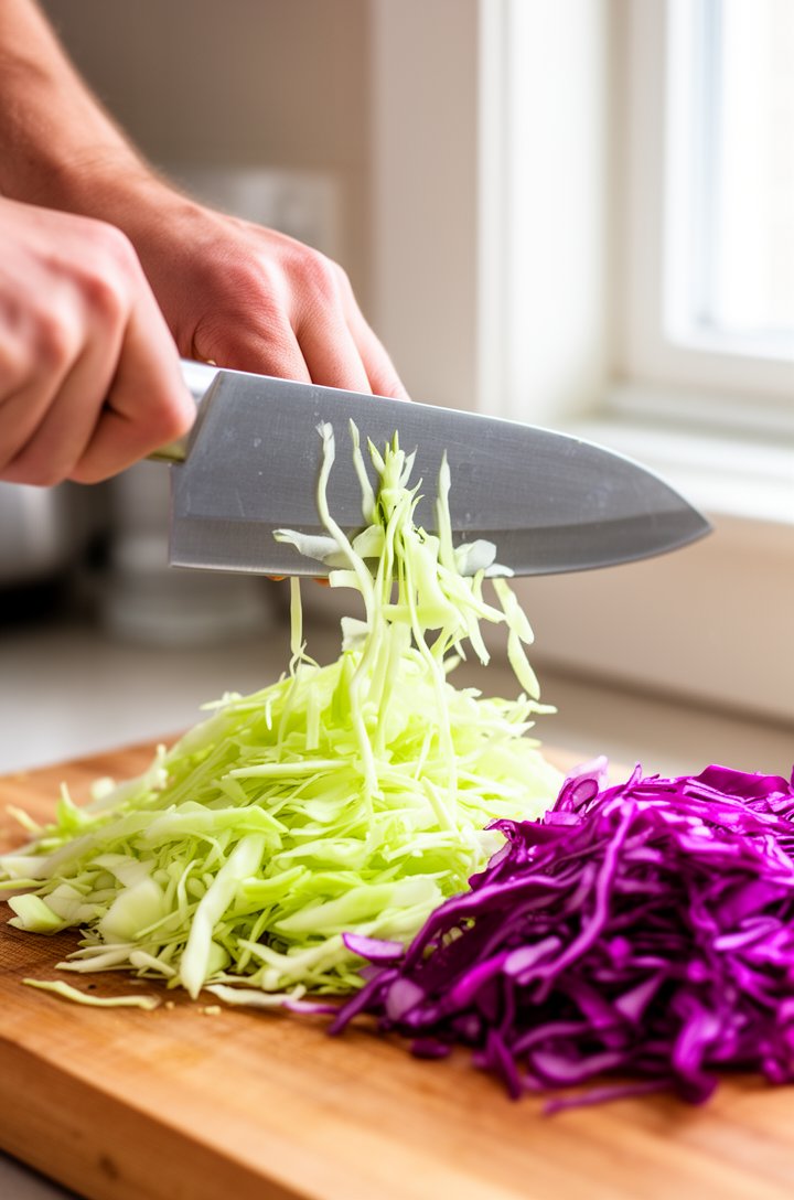 Close-up 45-degree angle of hands shredding green cabbage with a large chef's knife on a wooden cutting board, paper-thin ribbons of cabbage falling away from the blade, a pile of already-shredded pur