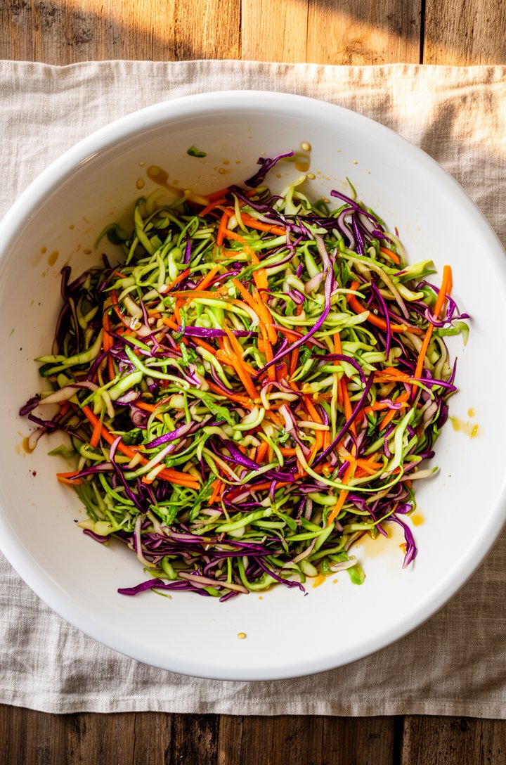 Straight-down overhead shot of a large white ceramic bowl filled with freshly tossed cabbage salad — vivid green and purple cabbage ribbons intertwined with bright orange carrot shreds, the dressing v